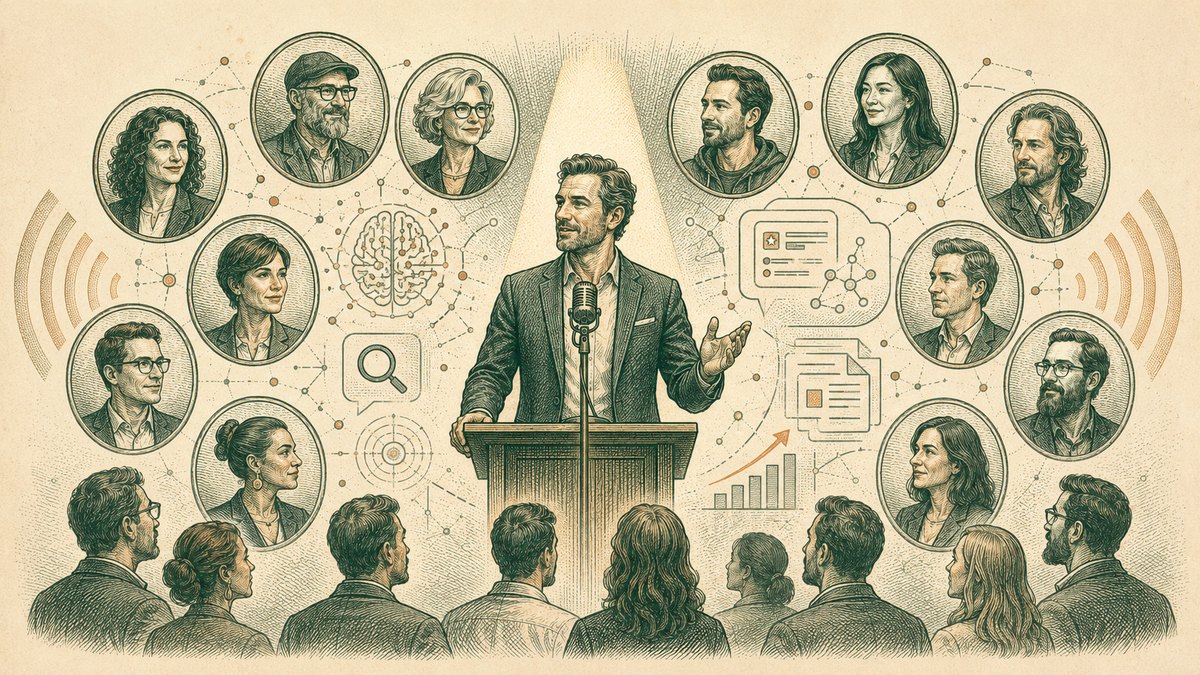 Illustration of a speaker at a podium surrounded by portraits of AI visibility experts